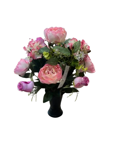 Vase funéraire noir garni d'un bouquet de pivoines artificielles roses