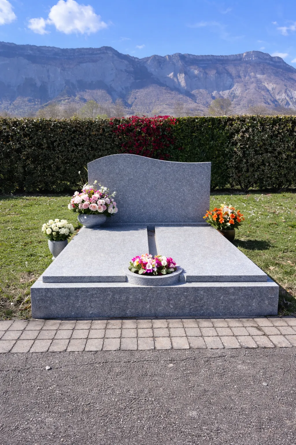 Monument funéraire en granit gris fleuri situé dans un cimetière face aux montagnes